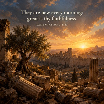 Oil painting of dawn breaking over the ruined stone walls of ancient Jerusalem, with an olive tree growing among the rubble. Text reads: They are new every morning: great is thy faithfulness. Lamentations 3:23.