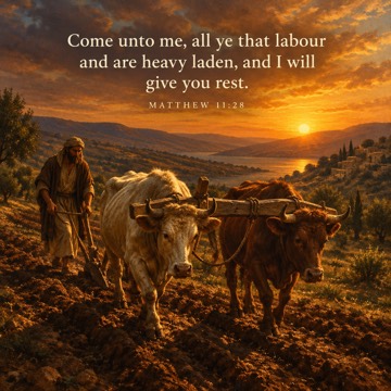 Oil painting of two oxen sharing a wooden yoke, plowing a hillside field at sunset with a farmer walking behind. Text reads: Come unto me, all ye that labour and are heavy laden, and I will give you rest. Matthew 11:28.