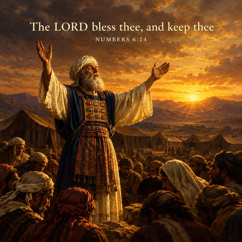 Oil painting of Aaron the high priest raising both hands in blessing over the people of Israel at sunset, with the tents of the camp behind him. Text reads: The LORD bless thee, and keep thee. Numbers 6:24.