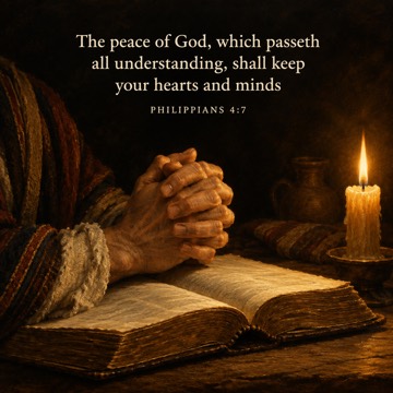 Oil painting of hands folded in prayer on an open Bible beside a lit candle, against a dark background. Text reads: The peace of God, which passeth all understanding, shall keep your hearts and minds. Philippians 4:7.