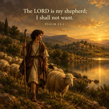 Oil painting of a young shepherd with a staff leading his sheep beside still water in golden hills at sunset. Text reads: The LORD is my shepherd; I shall not want. Psalm 23:1.