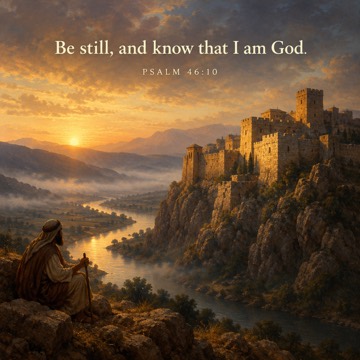 Oil painting of an ancient stone fortress on a high rocky cliff at dawn, above a calm river winding through a misty valley, with a man holding a staff sitting on the rocks and watching. Text reads: Be still, and know that I am God. Psalm 46:10.